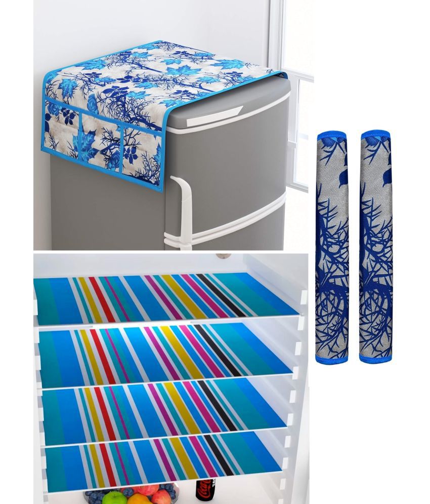     			SHUBH Polyester Floral Fridge Mat & Cover ( 99 58 ) Pack of 7 - Blue