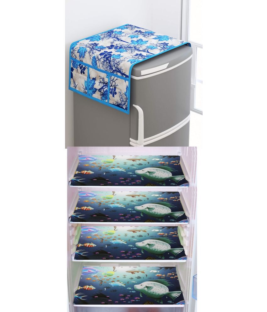     			SHUBH Polyester Floral Fridge Mat & Cover ( 99 58 ) Pack of 5 - Blue