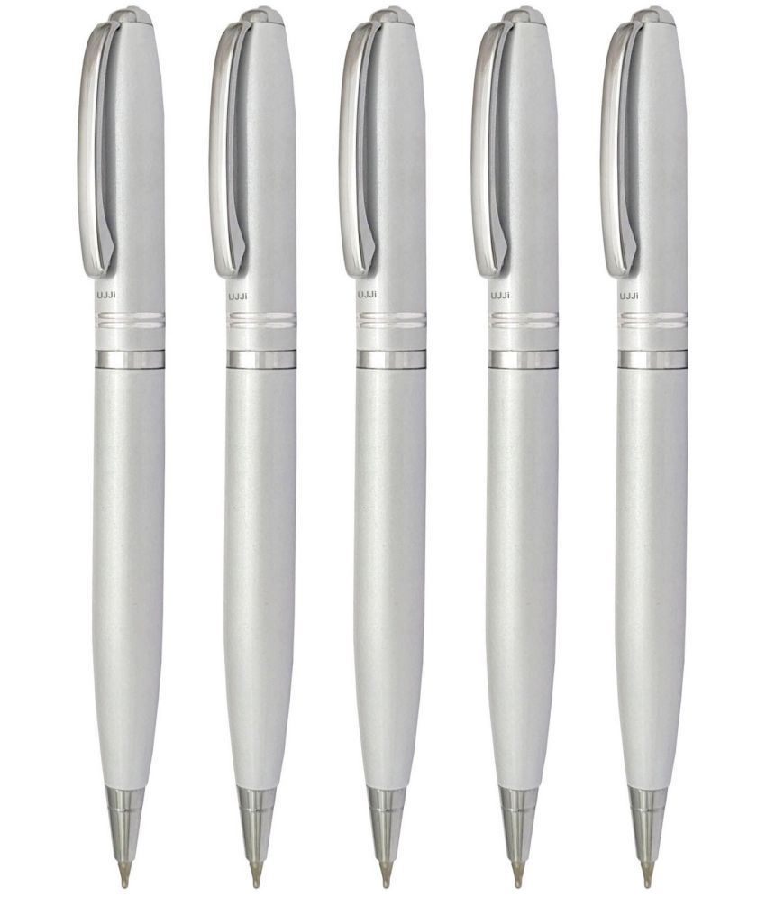     			UJJi Two Ring White Color Twist On & Off Pack of 5pcs (Blue Ink) Ball Pen