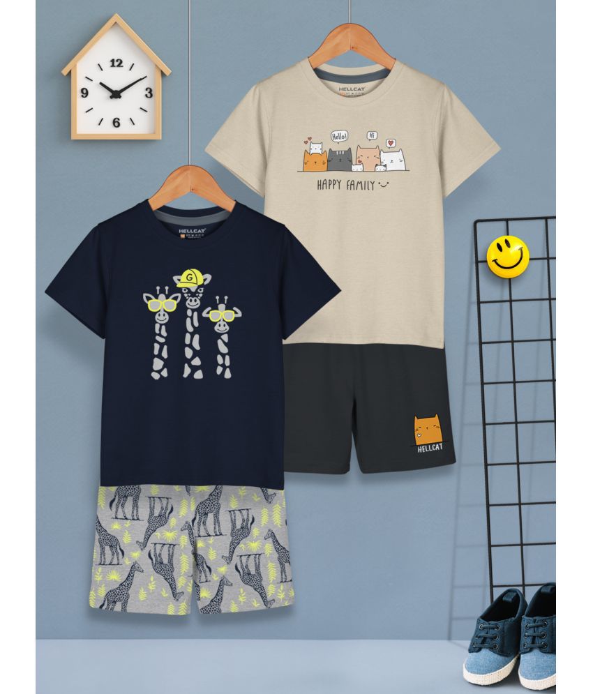     			HELLCAT Navy Cotton Blend Boys T-Shirt & Shorts ( Pack of 2 )