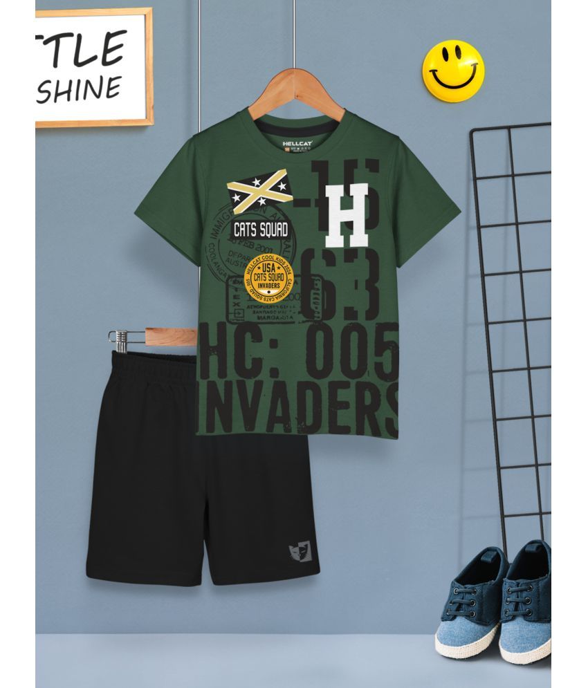     			HELLCAT Olive Cotton Blend Boys T-Shirt & Shorts ( Pack of 1 )