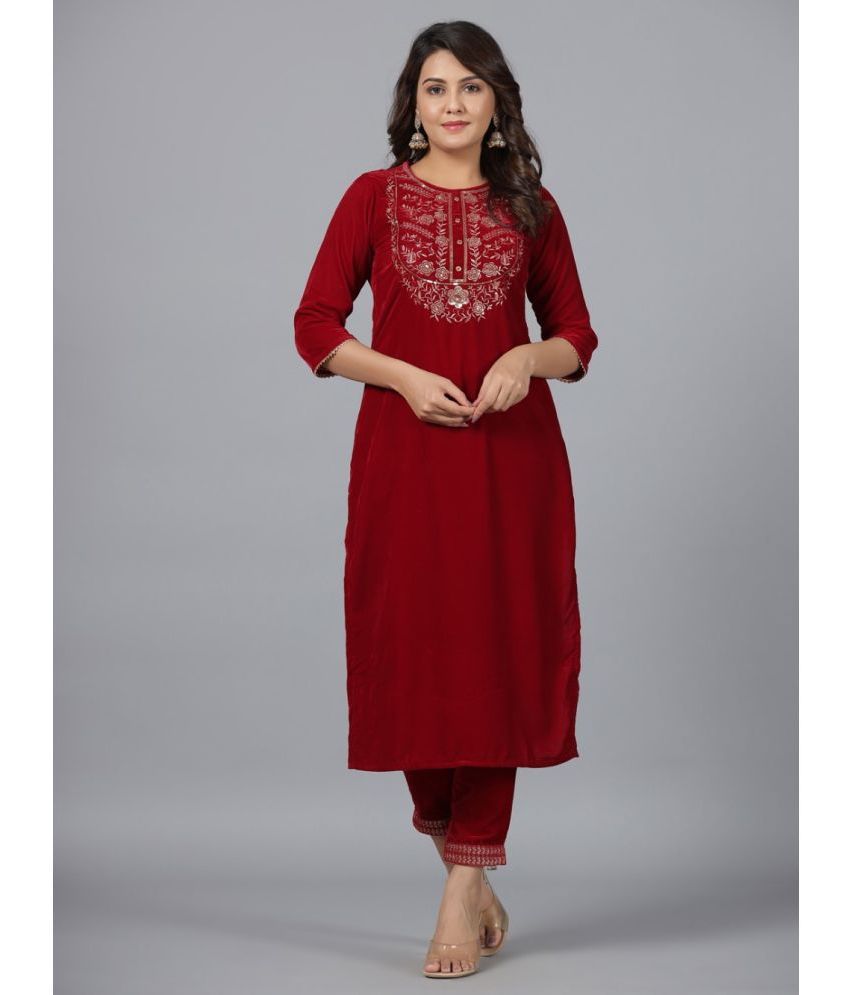     			Juniper Velvet Embroidered Kurti With Pants Women's Stitched Salwar Suit - Maroon ( Pack of 1 )