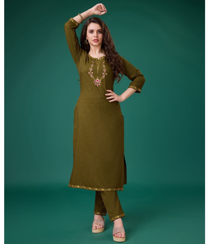     			MOJILAA Linen Embroidered Kurti With Pants Women's Stitched Salwar Suit - Olive ( Pack of 1 )
