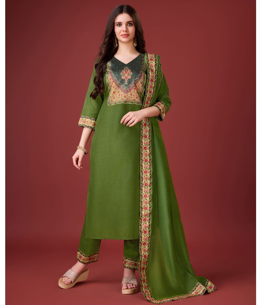     			MOJILAA Linen Printed Kurti With Pants Women's Stitched Salwar Suit - Green ( Pack of 1 )