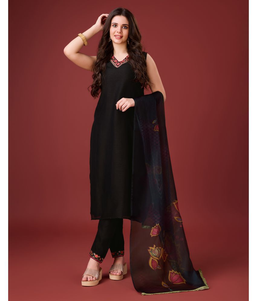     			MOJILAA Silk Embroidered Kurti With Pants Women's Stitched Salwar Suit - Black ( Pack of 1 )