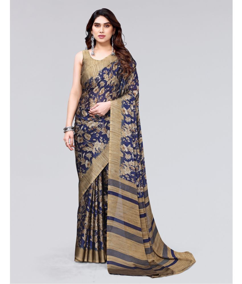     			Samah Chiffon Printed Saree With Blouse Piece - Navy Blue ( Pack of 1 )