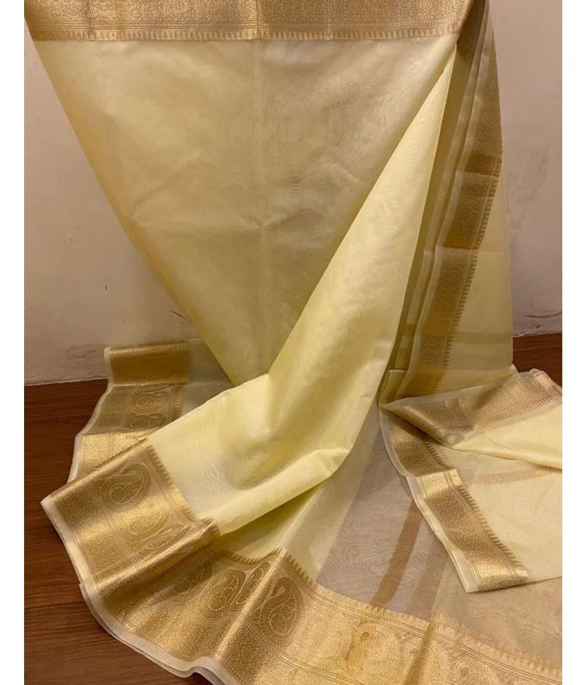     			Samah Organza Self Design Saree With Blouse Piece - Cream ( Pack of 1 )