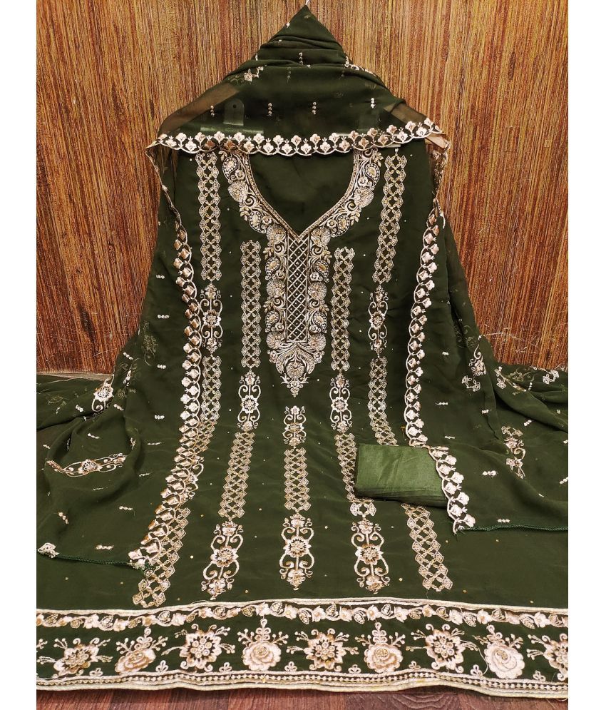     			Apnisha Unstitched Georgette Embroidered Dress Material - Olive ( Pack of 1 )