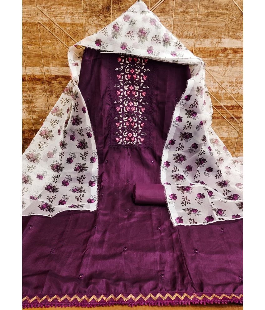     			JULEE Unstitched Silk Embroidered Dress Material - Purple ( Pack of 1 )