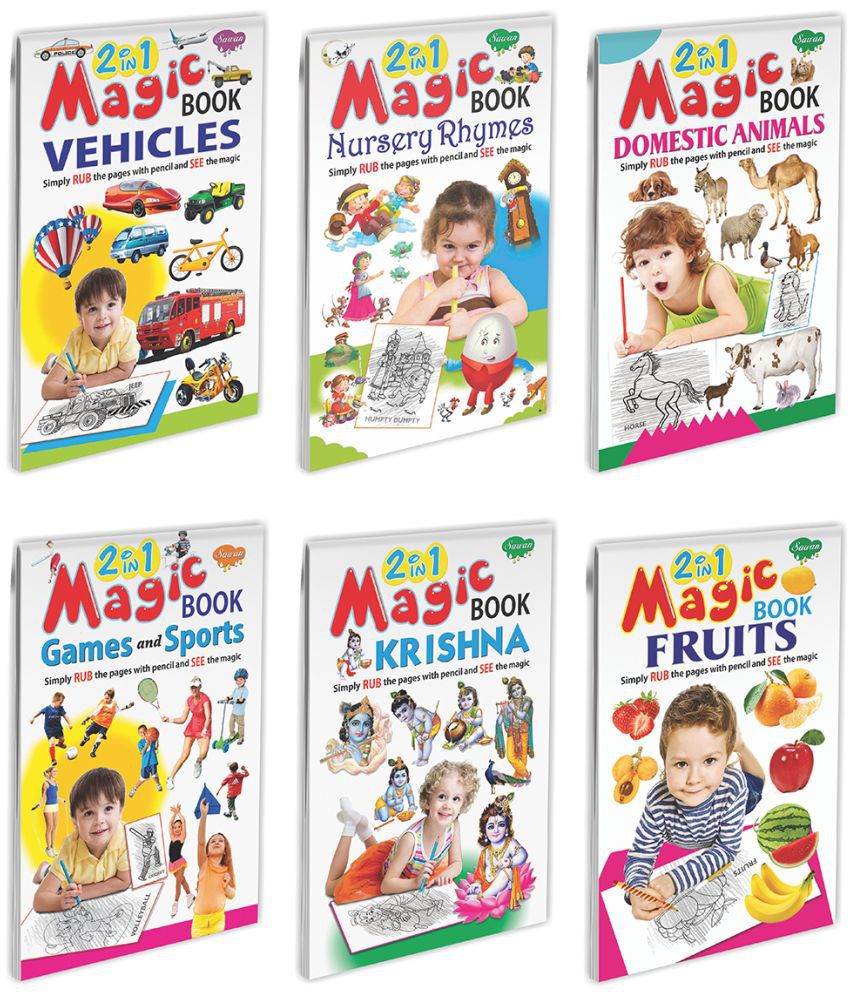    			Sawan Present Set Of 6 Magic Books | 2 In 1 Magic Book- Fruit-Vegetables, Flowers-Vehicles, Domestic-Wild Animals, Alphabet-Nursery Rhymes, Games And Sports-Toys And Krishna-Ganesh (Pin Binding, Manoj Publications Editorial Board)