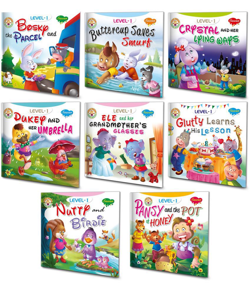     			Sawan Present Set Of 8 Story Books | Level-1 | Bosky And The Parcel, Butter Cup Saves Smurf, Crystal And Her Lying Ways, Dukey And Her Umbrella, Ele And Her Grandmother's Glasses, Glutty Learns His Lesson, Nutty And Birdie And Pancy And The Pot Of Honey