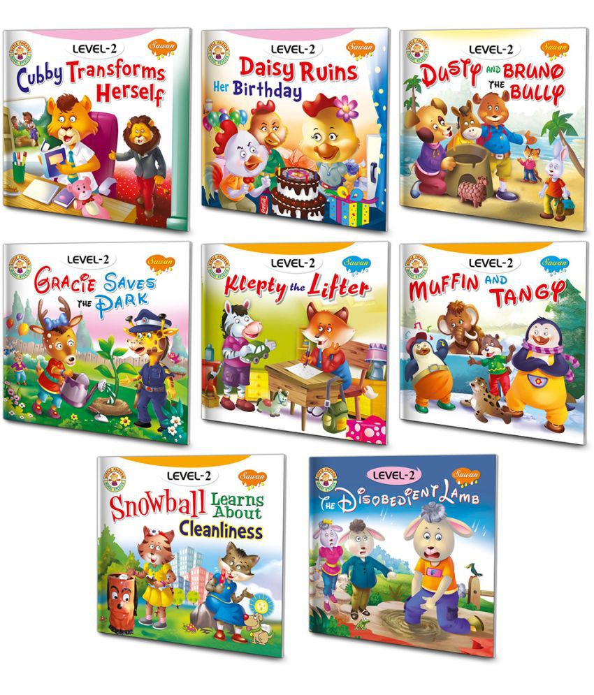     			Sawan Present Set Of 8 Story Books | Level-2 | Cubby Transforms Herself, Daisy Ruins Her Birthday, Dusty And Bruno The Bully, Gracie Saves The Park, Klepty The Lifter, Muffin And Tangy, Snowball Learns About Cleanliness And The Disobedient Lamb