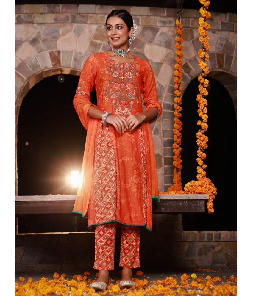     			Juniper Rayon Printed Kurti With Pants Women's Stitched Salwar Suit - Orange ( Pack of 1 )