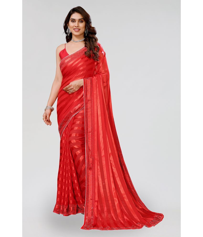     			ANAND SAREES Satin Striped Saree With Blouse Piece - Red ( Pack of 1 )