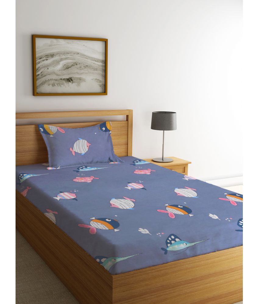     			Klotthe Poly Cotton Graphic 1 Single Bedsheet with 1 Pillow Cover - Dark Blue