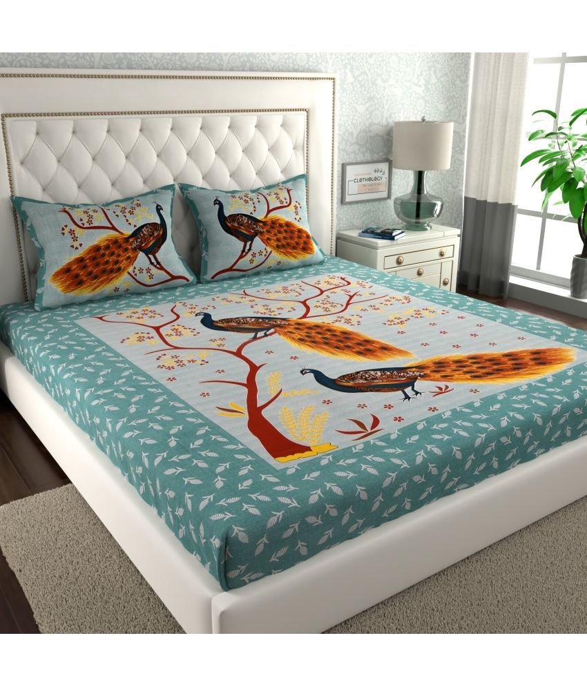     			Angvarnika Cotton Birds 1 Double Bedsheet with 2 Pillow Covers - Sea Green