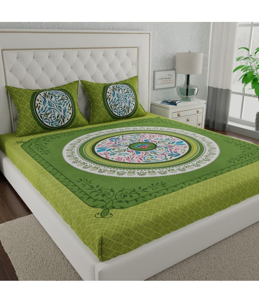     			Angvarnika Cotton Floral 1 Double Bedsheet with 2 Pillow Covers - Green