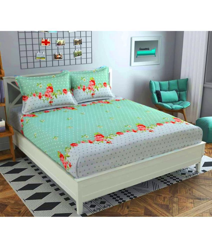     			VORDVIGO Cotton Floral Fitted Fitted bedsheet with 2 Pillow Covers ( Double Bed ) - Green