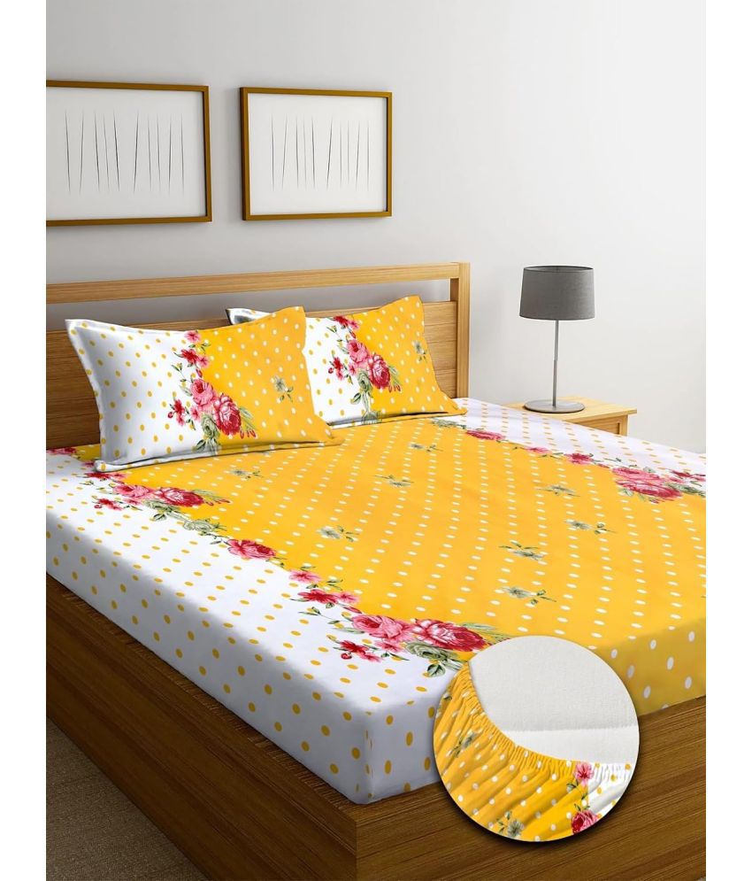     			VORDVIGO Cotton Floral Fitted Fitted bedsheet with 2 Pillow Covers ( Double Bed ) - Yellow