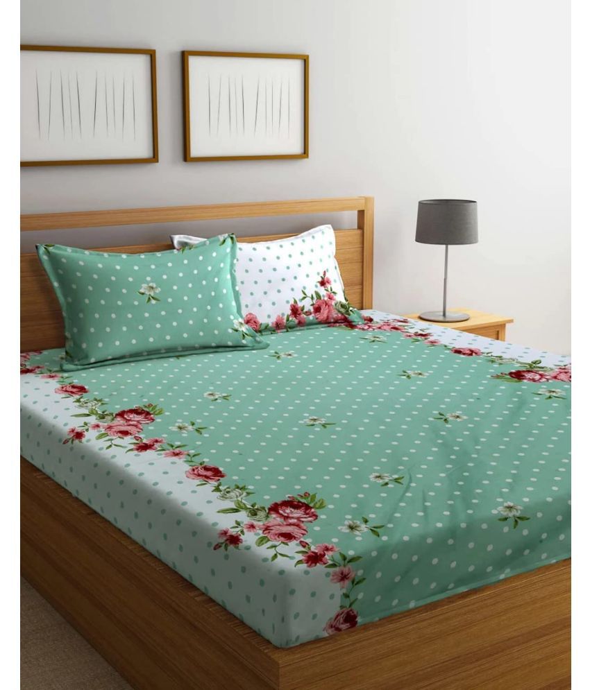     			VORDVIGO Glace Cotton Floral 1 Double Bedsheet with 2 Pillow Covers - Green