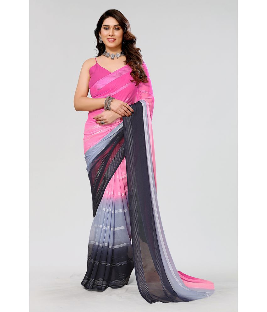     			Anand Georgette Striped Saree Without Blouse Piece - Pink ( Pack of 1 )