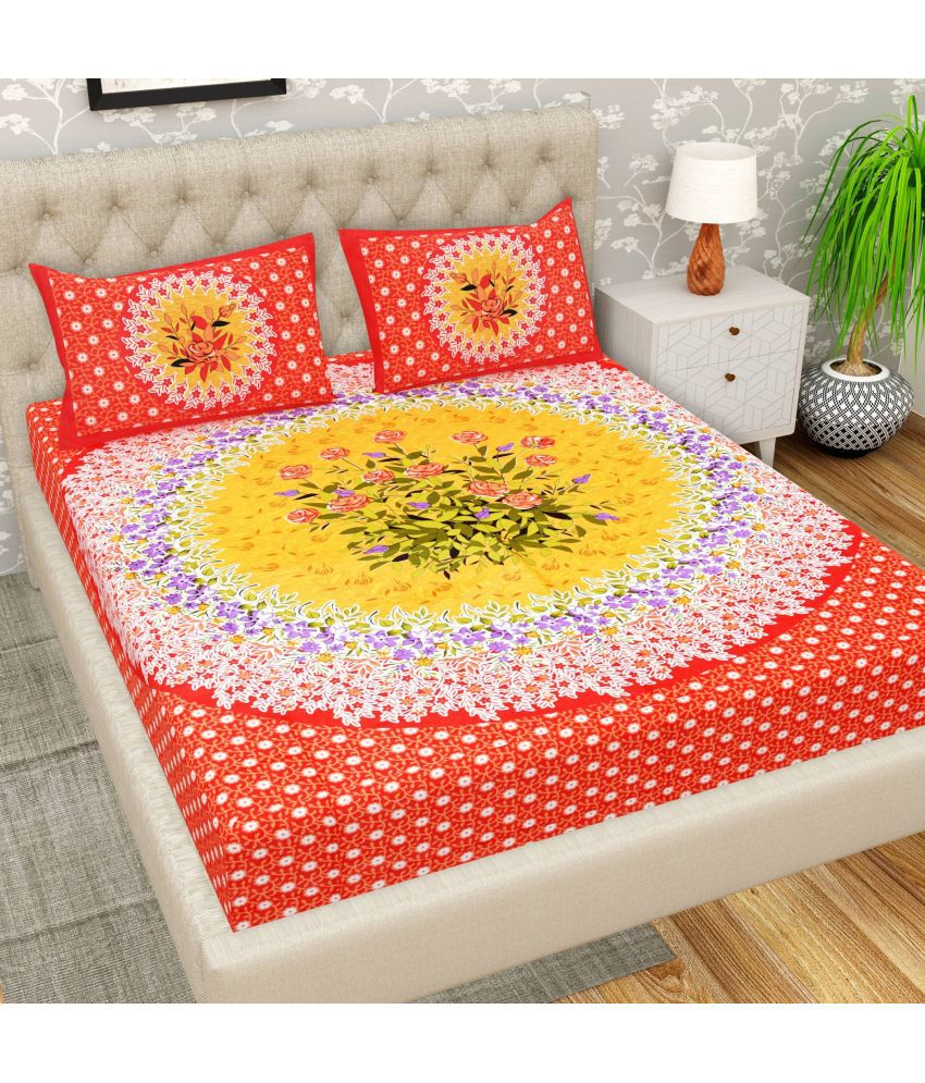     			Angvarnika Cotton Floral 1 Double Bedsheet with 2 Pillow Covers - Orange