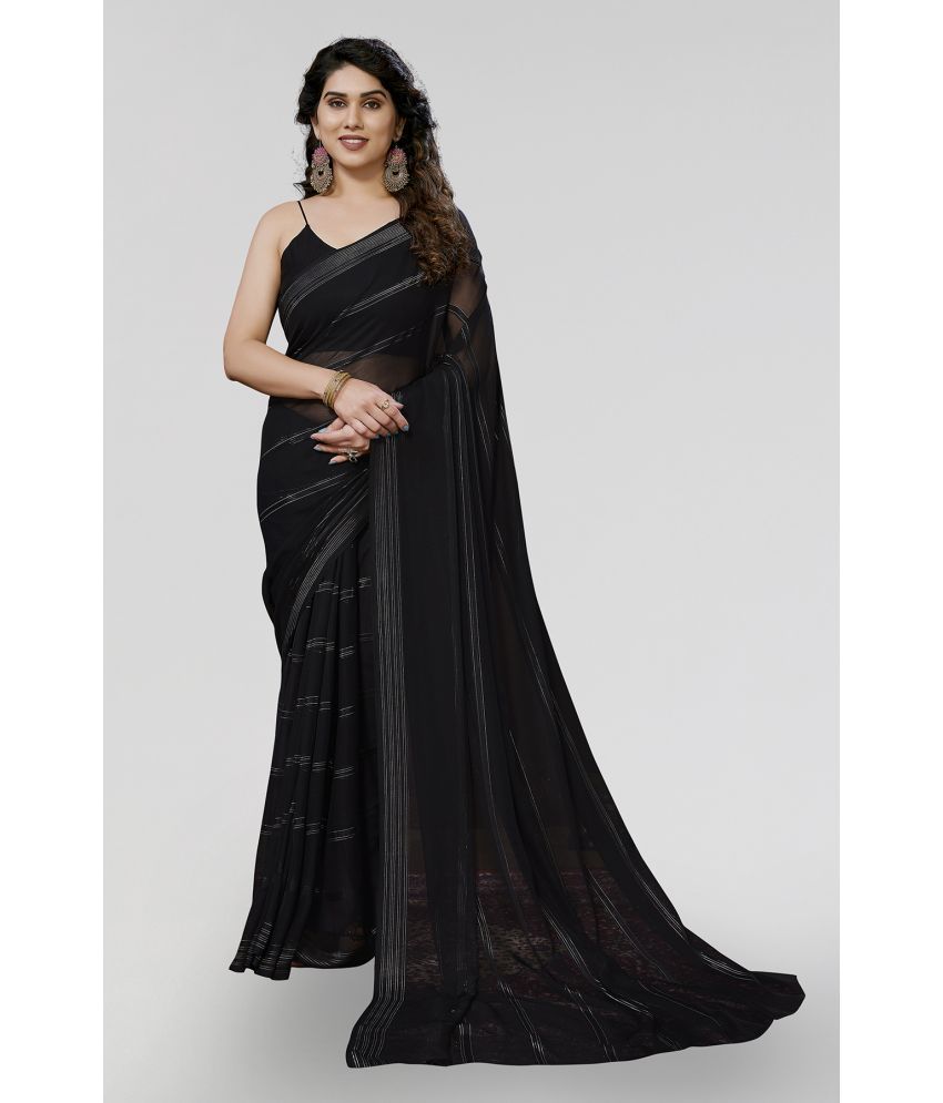     			Kashvi Sarees Satin Striped Saree Without Blouse Piece - Black ( Pack of 1 )