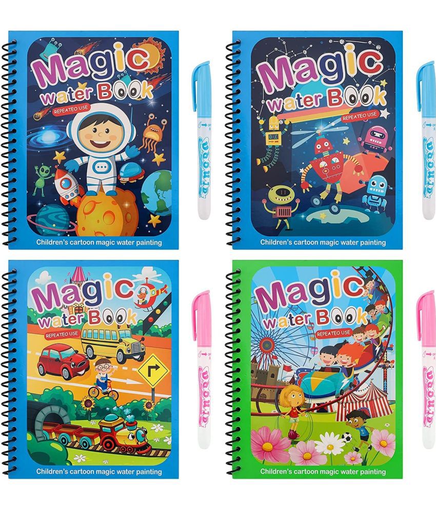     			Reusable Magic Water Coloring Books  for Toddlers, (Pack of 4) Paint with Water Books,Mess-Free Coloring Book,Portable Educational Doodle Drawing Toy,Improving Children's Imagination,Color Perception Gift