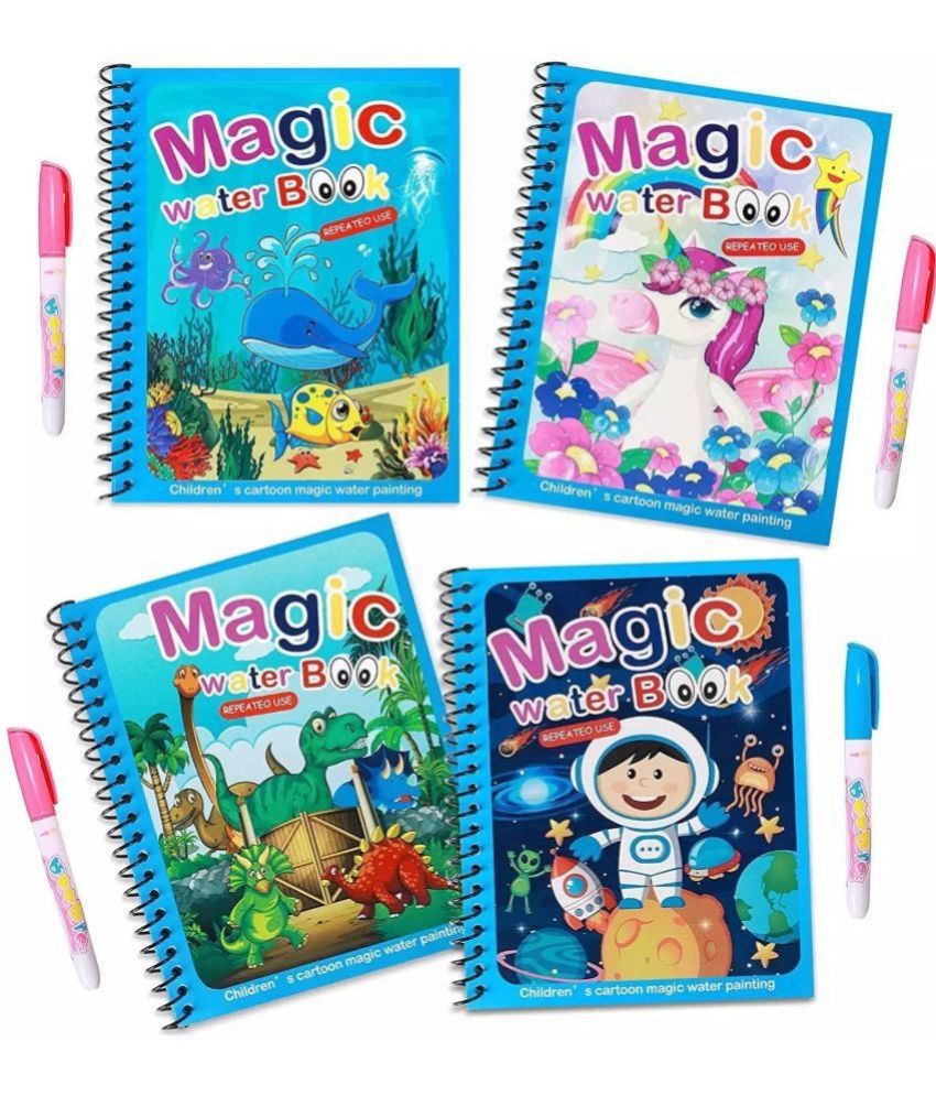     			Water Colouring Books 4 Piece Magic Colouring Book Set Travel Activities Duplicate Book for Kids Reusable Drawing Book and Pen Set for Kids Toddlers Gift