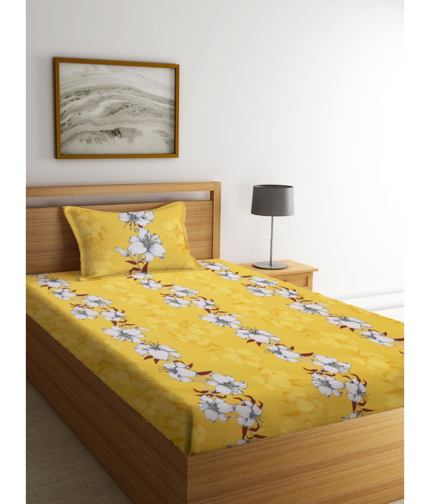     			Klotthe Poly Cotton Floral 1 Single Bedsheet with 1 Pillow Cover - Yellow