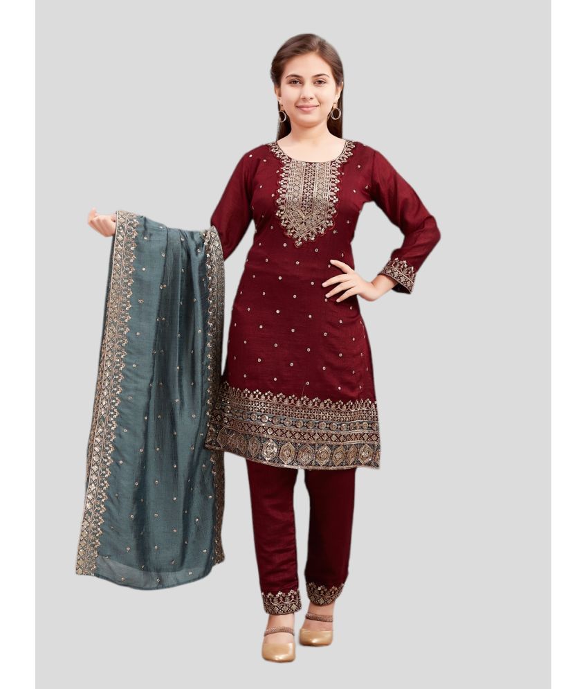     			Aarika Maroon Silk Girls Kurta and Pant Set ( Pack of 1 )