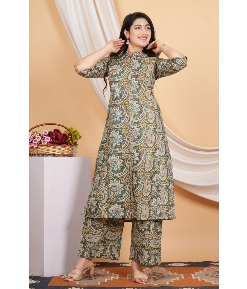     			Vbuyz Cotton Printed Kurti With Palazzo Women's Stitched Salwar Suit - Green ( Pack of 1 )