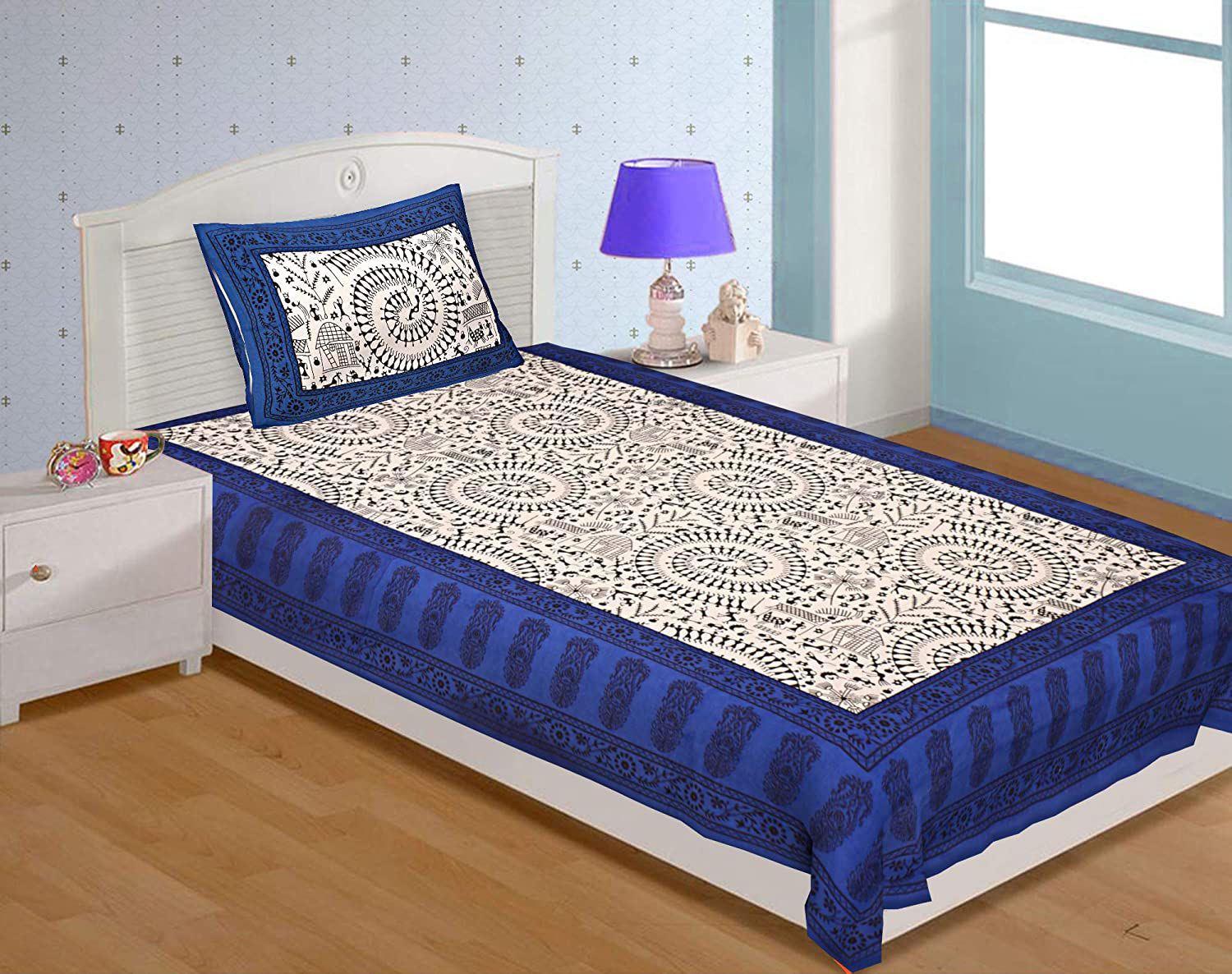    			HOMETALES Cotton Geometric Single Bedsheet with Two Pillow Cover - Blue