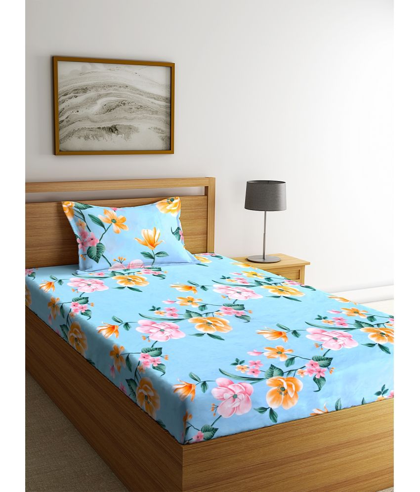     			Klotthe Poly Cotton Floral 1 Single Bedsheet with 1 Pillow Cover - Blue