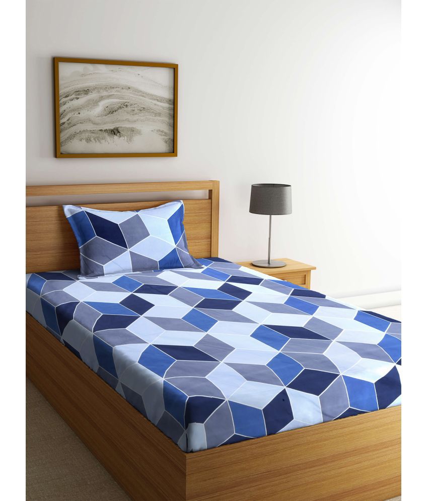     			Klotthe Poly Cotton Geometric 1 Single Bedsheet with 1 Pillow Cover - Navy Blue