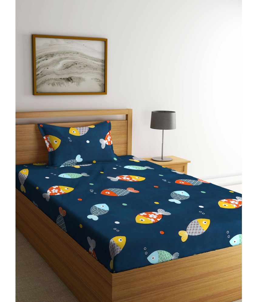     			Klotthe Poly Cotton Graphic 1 Single Bedsheet with 1 Pillow Cover - Blue