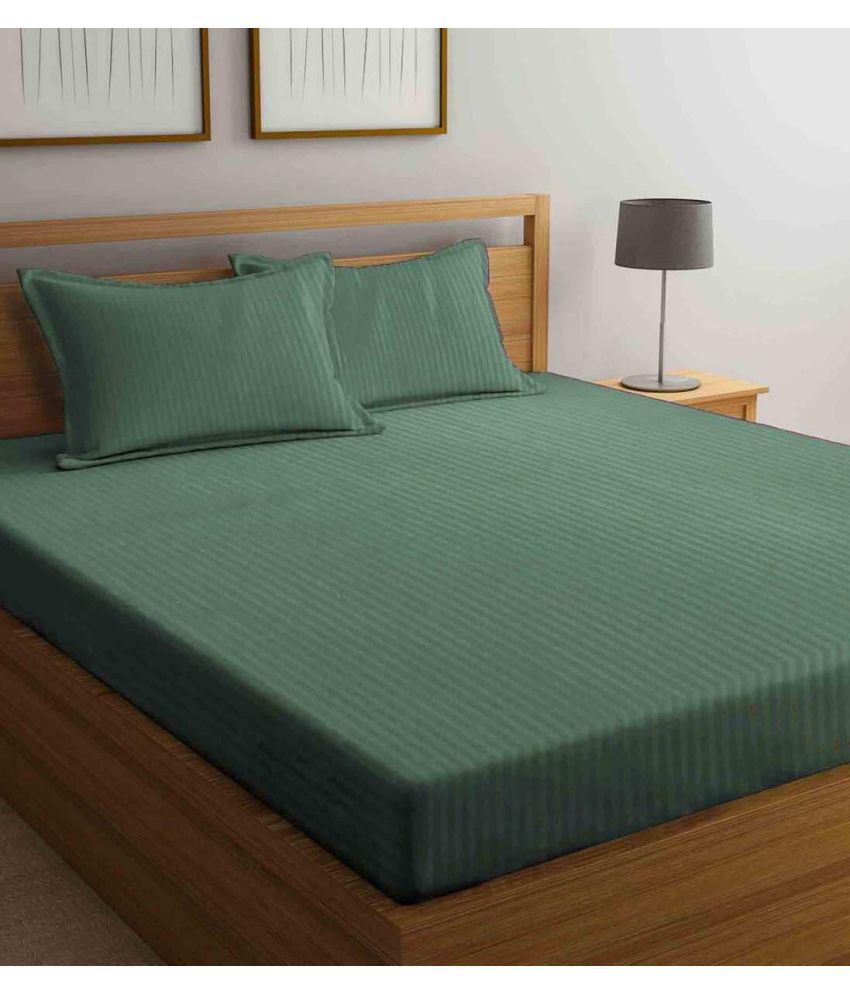     			Neekshaa Satin Stripe Solid Fitted Fitted bedsheet with 2 Pillow Covers ( Double Bed ) - Green