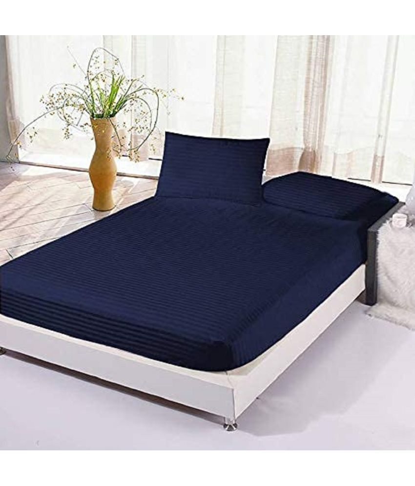     			Neekshaa Satin Stripe Solid Fitted Fitted bedsheet with 2 Pillow Covers ( Double Bed ) - Blue