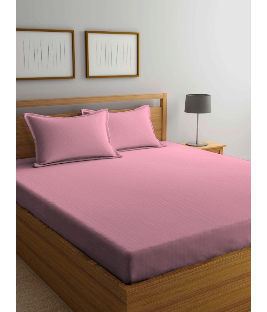     			VORDVIGO Satin Stripe Solid Fitted Fitted bedsheet with 2 Pillow Covers ( Double Bed ) - Baby Pink