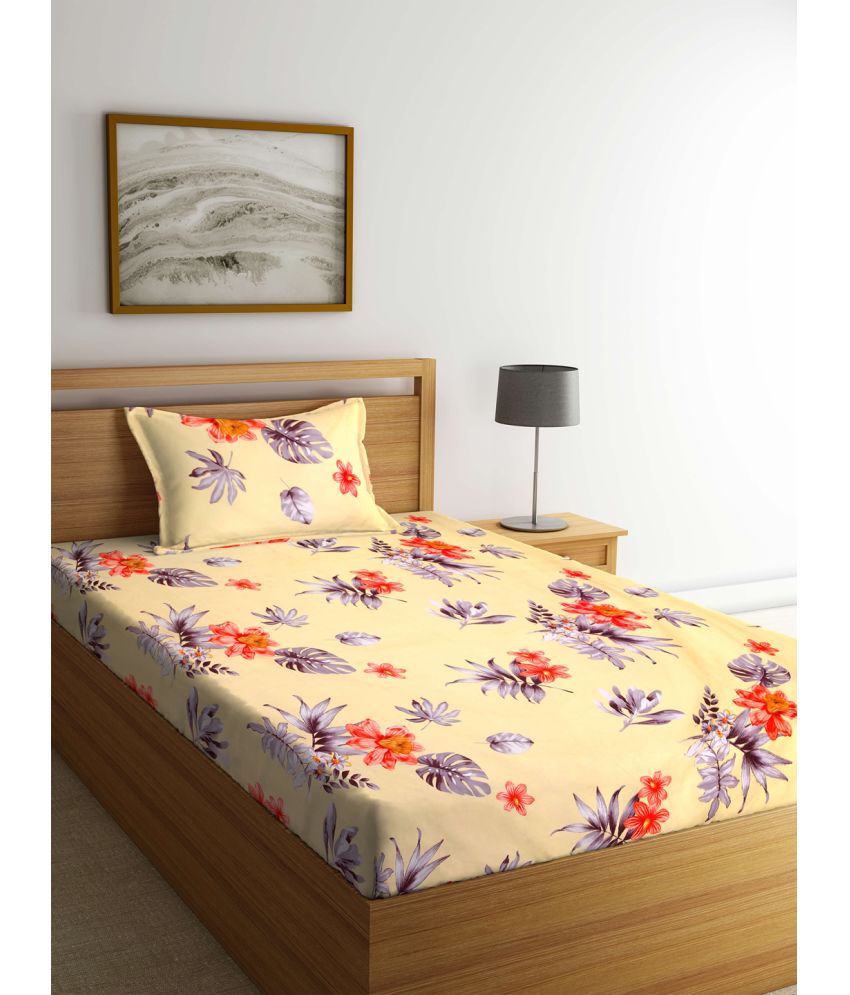    			Klotthe Poly Cotton Floral 1 Single Bedsheet with 1 Pillow Cover - Cream