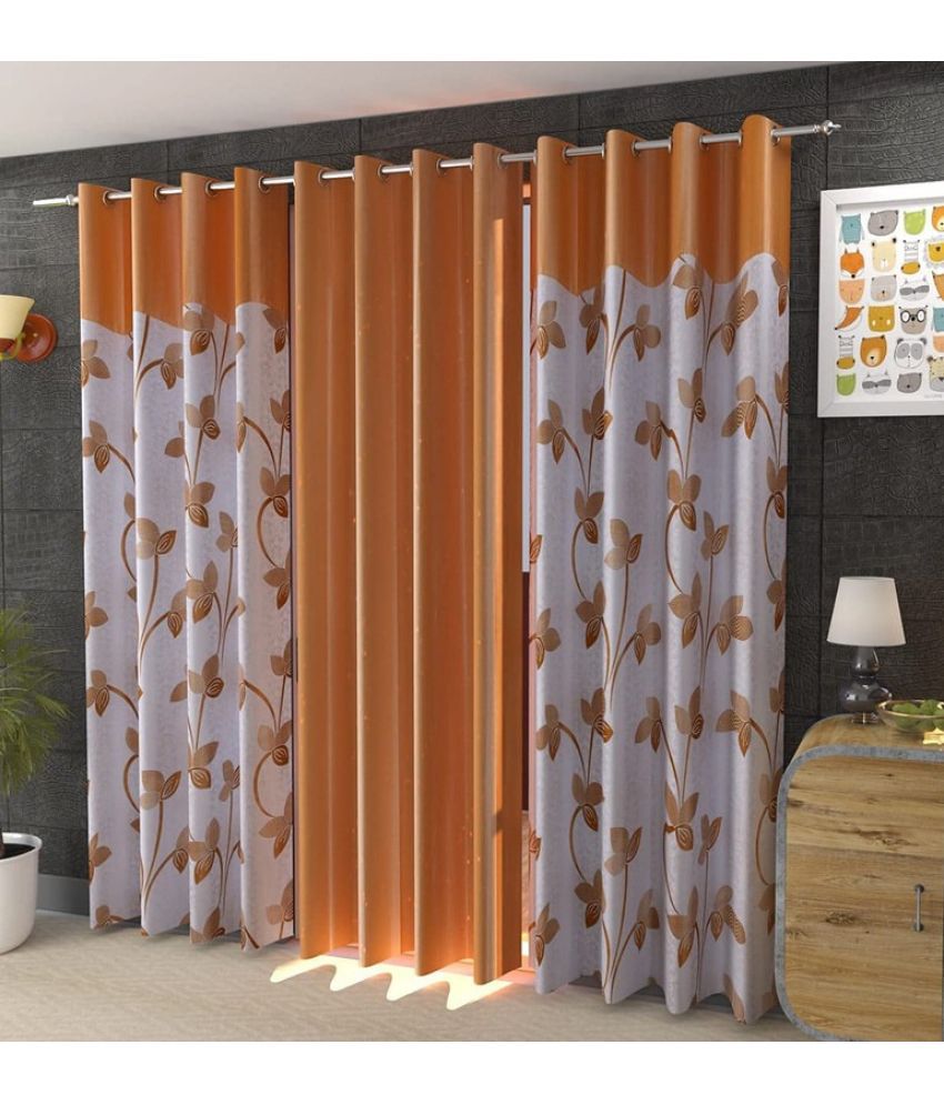     			Kraftiq Homes Floral Semi-Transparent Eyelet Curtain 5 ft ( Pack of 3 ) - Gold