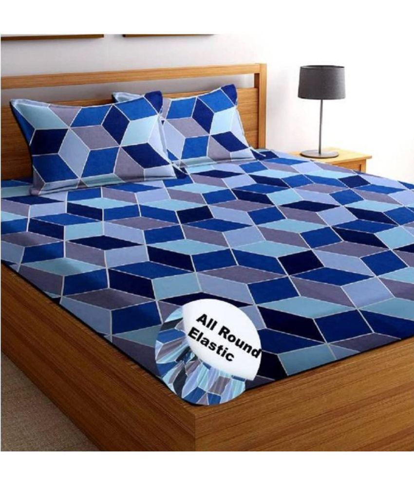     			Neekshaa Cotton Geometric Fitted Fitted bedsheet with 2 Pillow Covers ( Double Bed ) - Blue