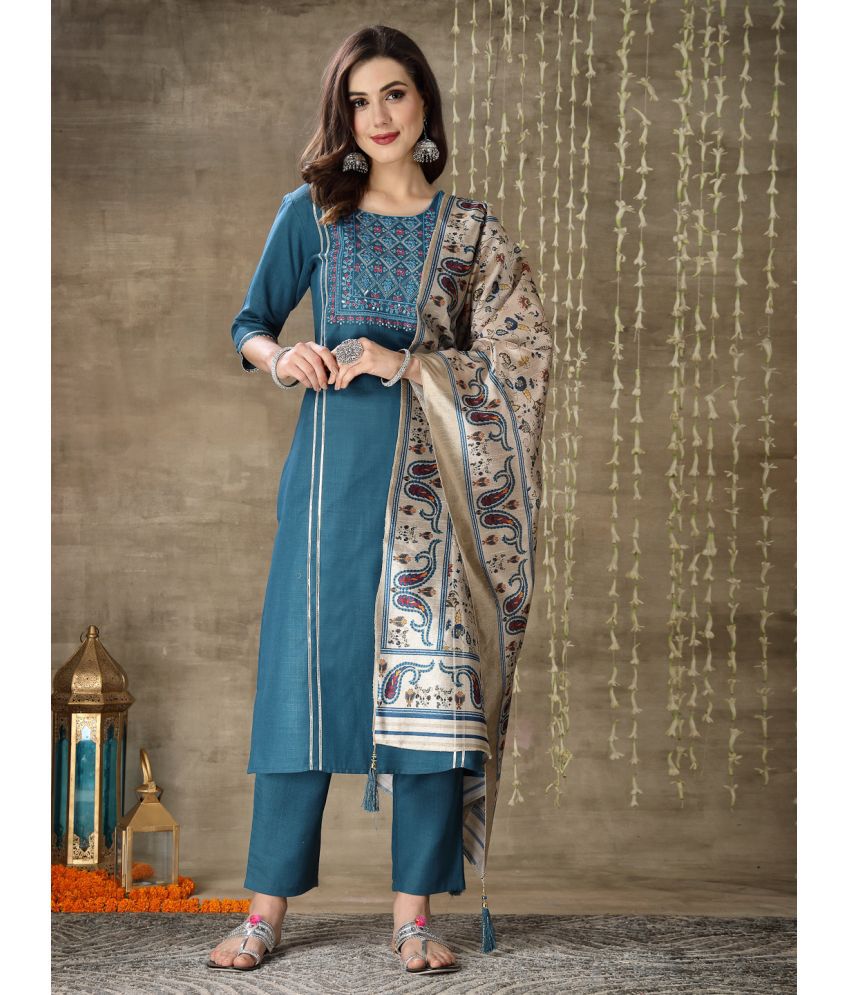     			Stylum Cotton Blend Embellished Kurti With Pants Women's Stitched Salwar Suit - Teal ( Pack of 1 )