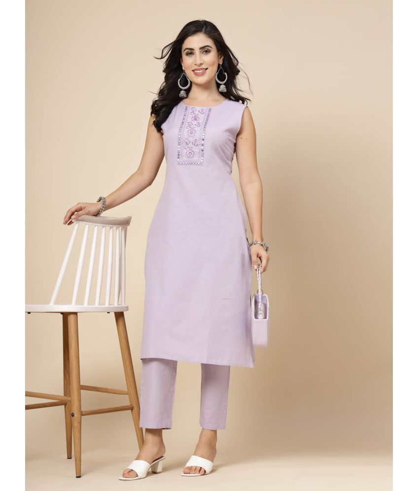     			Stylum Cotton Blend Embroidered Kurti With Pants Women's Stitched Salwar Suit - Lavender ( Pack of 1 )