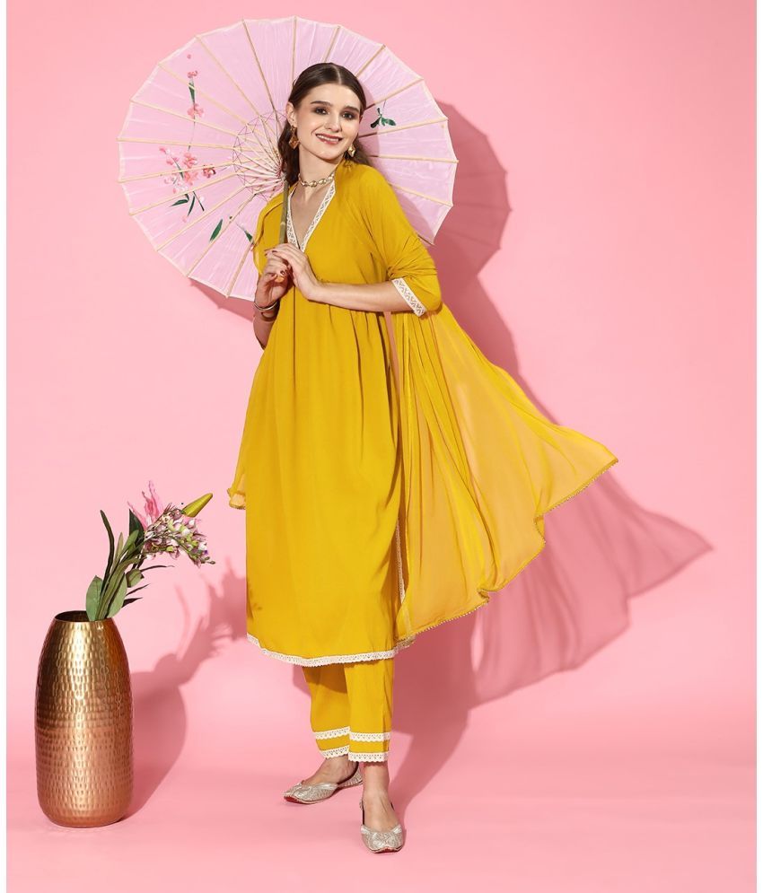     			Stylum Crepe Self Design Kurti With Pants Women's Stitched Salwar Suit - Mustard ( Pack of 1 )