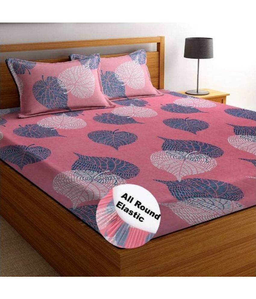     			VORDVIGO Cotton Floral Fitted Fitted bedsheet with 2 Pillow Covers ( Double Bed ) - Pink