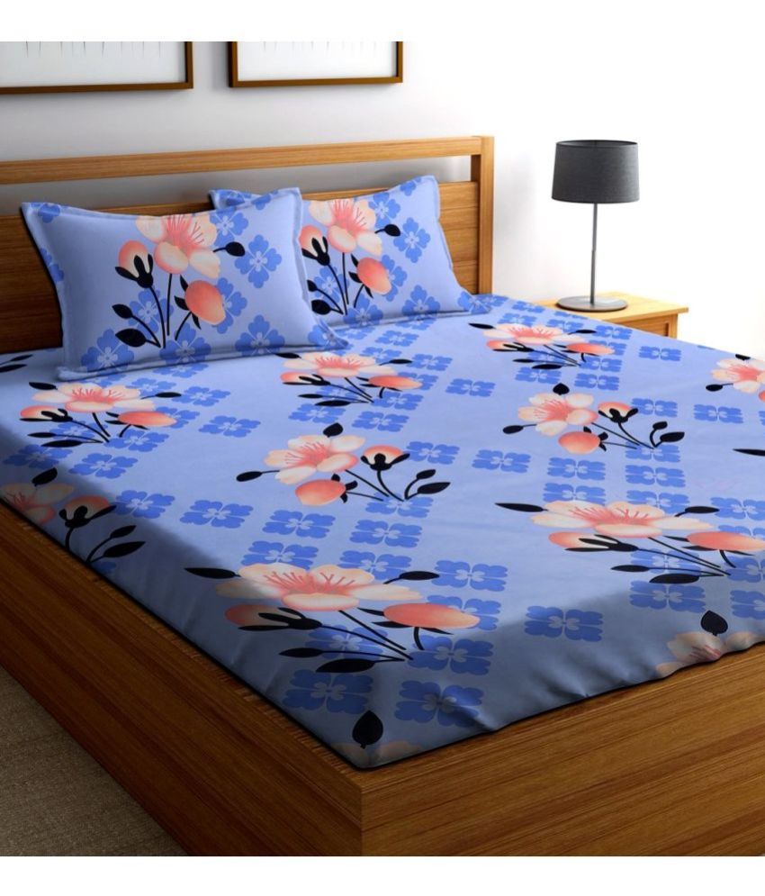     			VORDVIGO Cotton Floral Fitted Fitted bedsheet with 2 Pillow Covers ( Double Bed ) - Blue