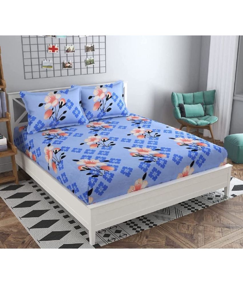     			VORDVIGO Cotton Floral Fitted Fitted bedsheet with 2 Pillow Covers ( Double Bed ) - Blue