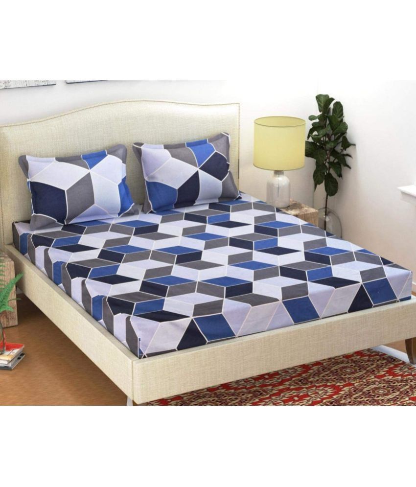     			VORDVIGO Cotton Geometric Fitted Fitted bedsheet with 2 Pillow Covers ( Double Bed ) - Blue