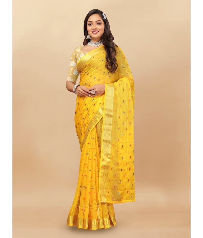     			Aardiva Chiffon Woven Saree With Blouse Piece - Yellow ( Pack of 1 )